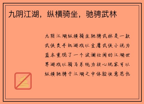 九阴江湖，纵横骑坐，驰骋武林
