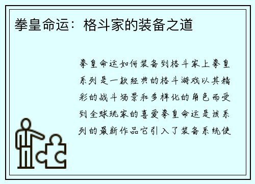 拳皇命运：格斗家的装备之道