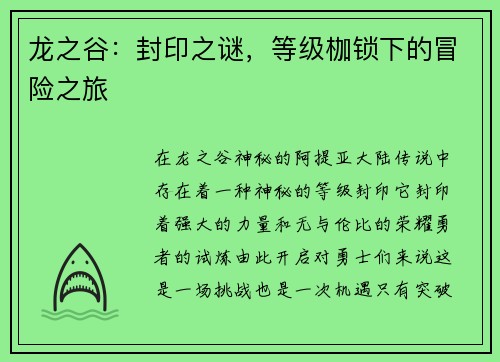 龙之谷:封印之谜,等级枷锁下的冒险之旅